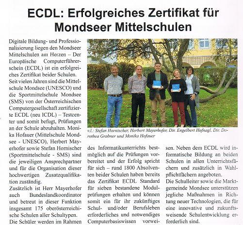 Bericht über die ECDL Aktivitäten an den Schulen in Mondsee im Gemeindeblatt Mondsee