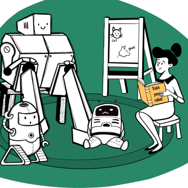 Zeichnung: Drei Roboter sitzen in einem Klassenzimmer mit Tafel, eine Lehrerin hält ein Buch in der Hand 